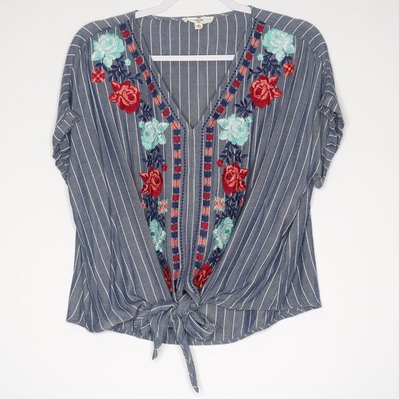 Entro‎ Blue Stripe Floral Embroidered Top Size Small Tie Knot - Picture 1 of 6